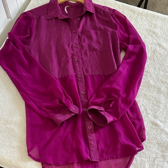 Free People Tops - Free People Sheer Magenta Button-Up Blouse